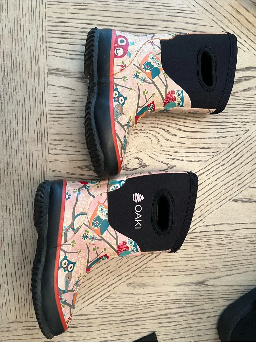 OAKI Kid's Neoprene Waterproof Rain and Snow boots pink owl pattern sz 9 toddler